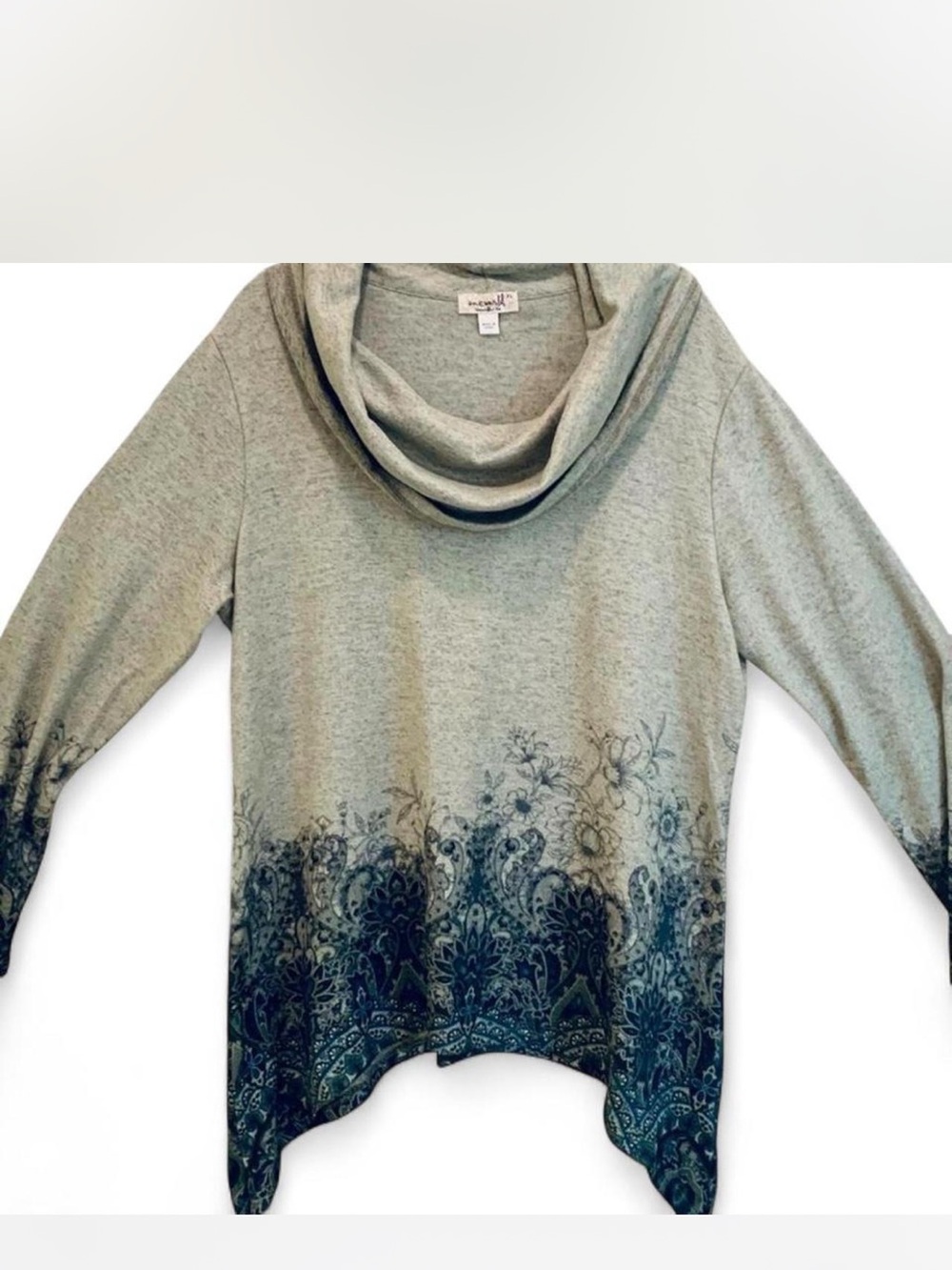 Boho Fairy ONE WORLD Grey-green Cowl Neck Sweater with Blue Paisley Hem size XL